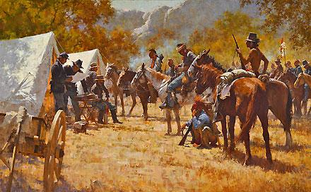 Wojownicy Paunisow jako zwiadowcy armii 
w wojnie przeciw Siouxom i Czejenom.
Obraz Howarda Terpninga.