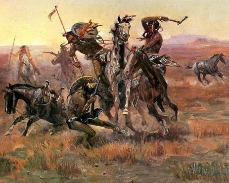 Kiedy Siouxowie i Czarne Stopy sie spotykaja.
Obraz Charlesa Russella.