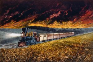 Prairie Fires (Ogie na prerii) autorstwa Currier & Ives, 1872